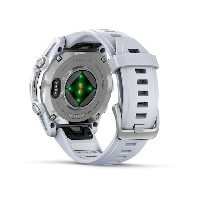 Fēnix® 8 - 43 mm, AMOLED, argent avec bracelet en silicone Whitestone