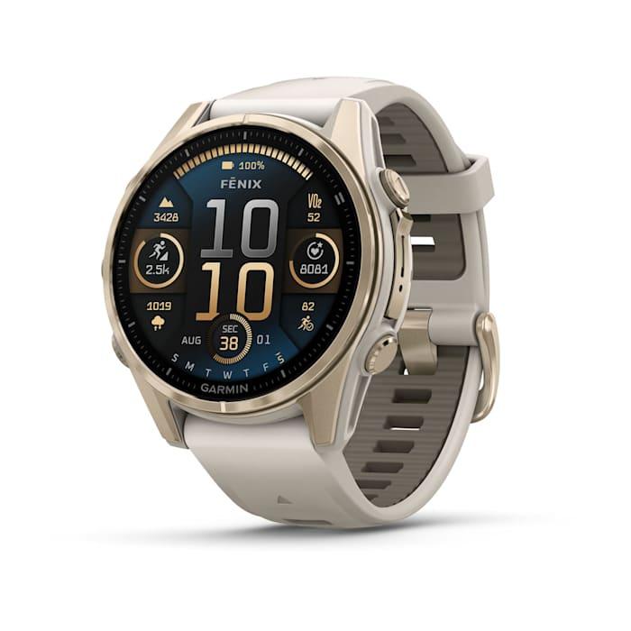 Fēnix® 8 - 43 mm, AMOLED, Sapphire, Soft Gold con cinturino Fog grey/dark sandstone in silicone