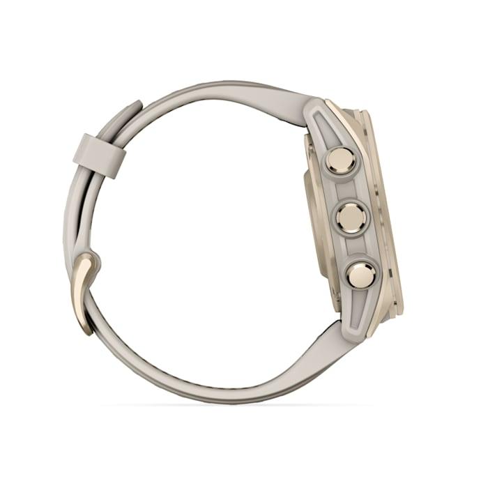 Fēnix® 8 - 43 mm, AMOLED, Sapphire, Soft Gold con cinturino Fog grey/dark sandstone in silicone