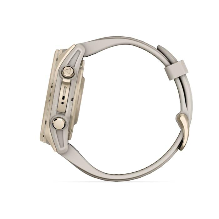 Fēnix® 8 - 43 mm, AMOLED, Sapphire, Soft Gold con cinturino Fog grey/dark sandstone in silicone