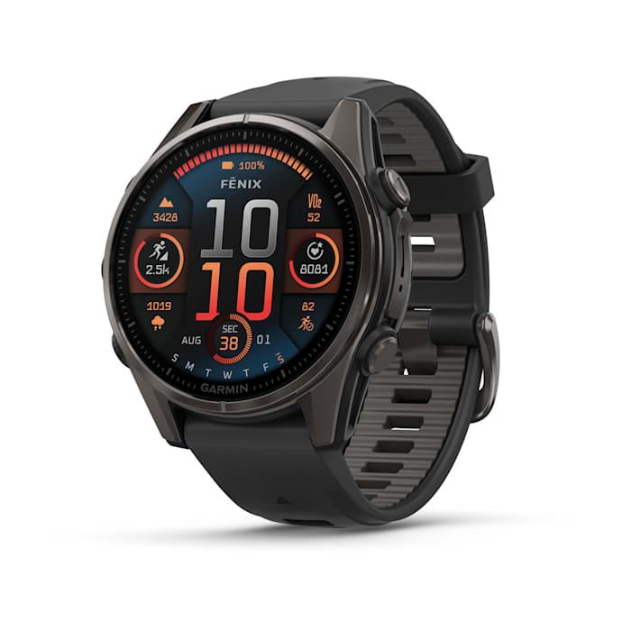 Fēnix® 8 - 43 mm, AMOLED, saphir, titane, DLC gris carbone avec bracelet en silicone noir/gris galet