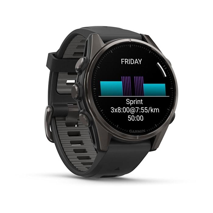 Fēnix® 8 - 43 mm, AMOLED, saphir, titane, DLC gris carbone avec bracelet en silicone noir/gris galet