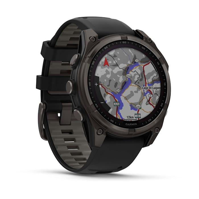 Fēnix® 8 - 47 mm, solaire, saphir, titane, DLC gris carbone avec bracelet en silicone noir/gris galet
