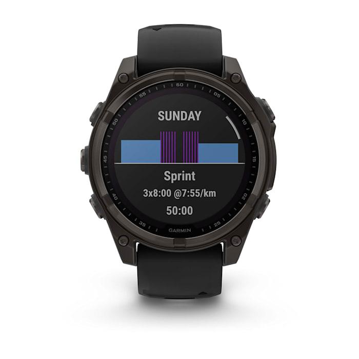 Fēnix® 8 - 47 mm, solaire, saphir, titane, DLC gris carbone avec bracelet en silicone noir/gris galet