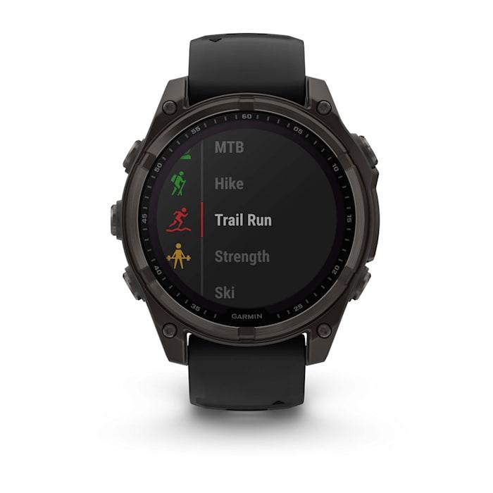Fēnix® 8 - 47 mm, solaire, saphir, titane, DLC gris carbone avec bracelet en silicone noir/gris galet