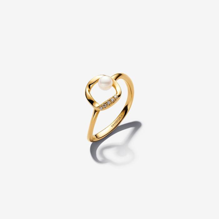 Anello Cerchio Linea Sinuosa con Perla d'Acqua Dolce Coltivata e Pavè