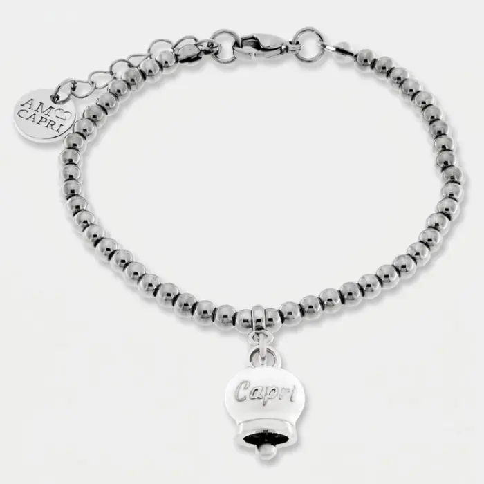 Bracciale in Acciaio a perline con campanella pendente bianca con scritta Capri