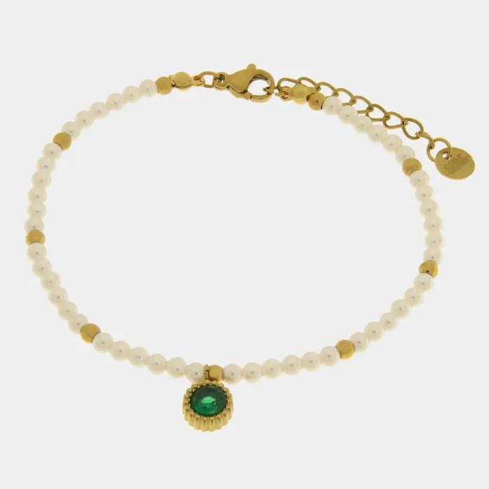 Bracciale in Acciaio con giro di perle e cristallo verde