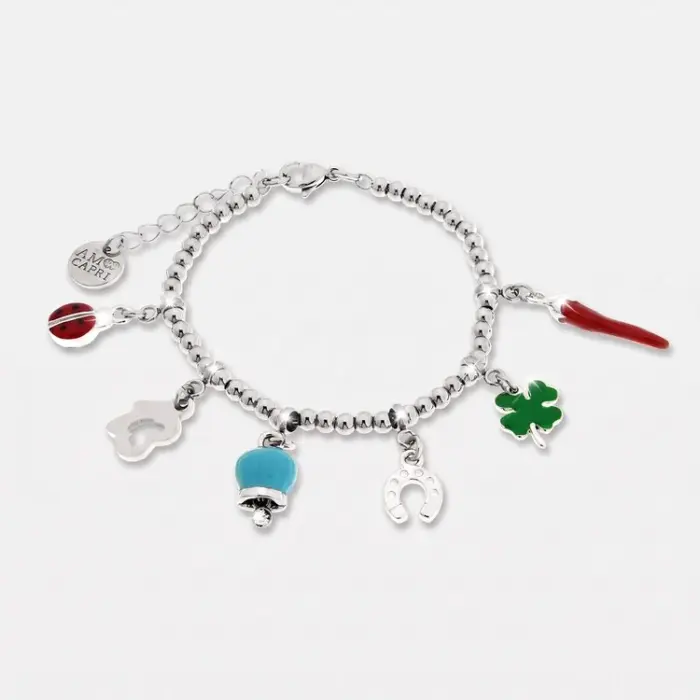 Bracciale in Acciaio con corno napoletano, quadrifoglio, coccinella, campanella Capri