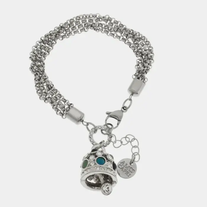 Bracciale in Acciaio campana pendente con cristalli azzurri e bianchi