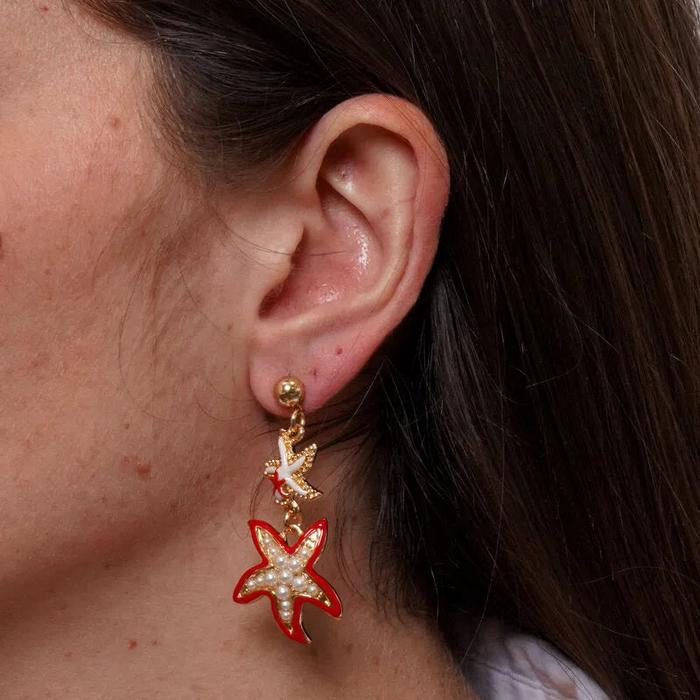 Orecchini in Metallo pendenti con stelle marine smaltate bianche e rosse con pietre