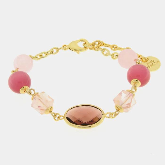 Bracciale in Metallo con cristallo rosa e perle