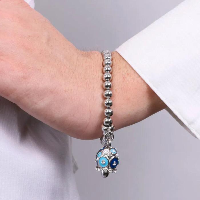 Bracciale in Metallo con campanella a pois blu e azzurro e zirconi