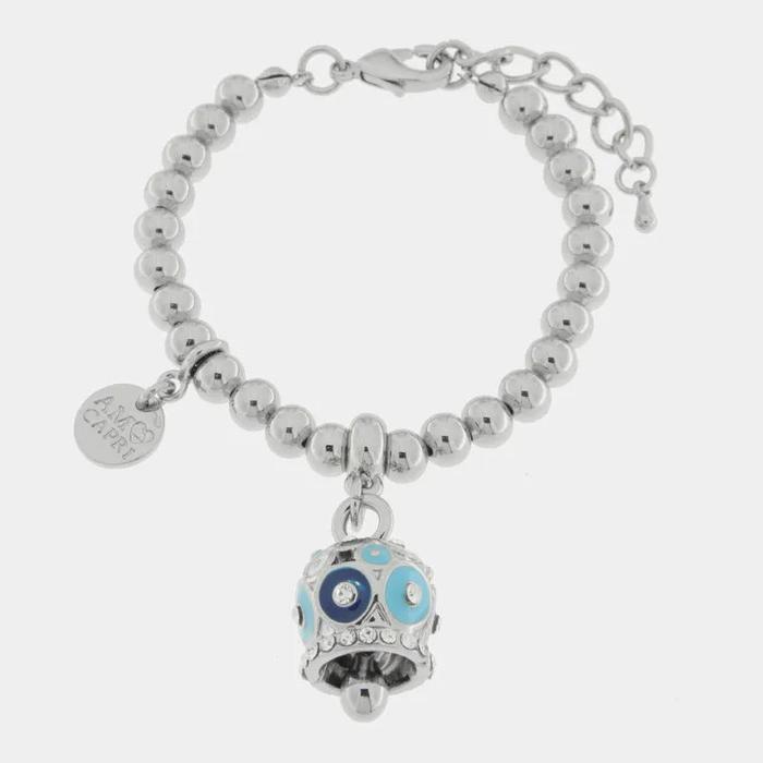 Bracciale in Metallo con campanella a pois blu e azzurro e zirconi