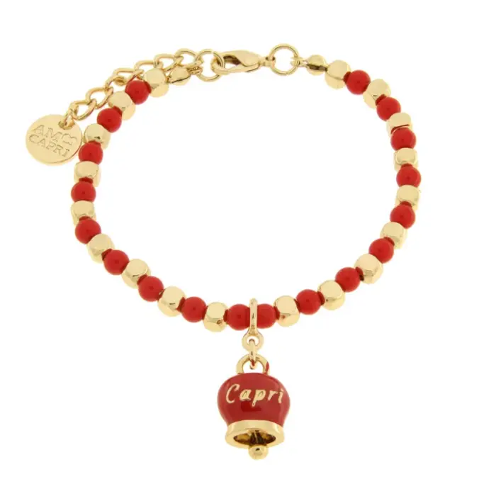 Bracciale in Metallo con sfere e campanella Capri rossa