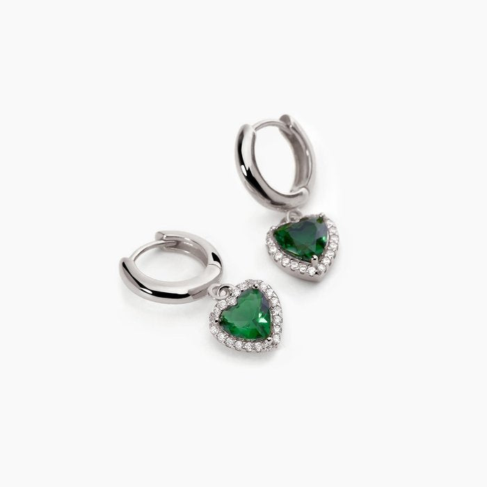 Orecchini in argento a cerchio con smeraldi sintetici taglio cuore LOVE AFFAIR