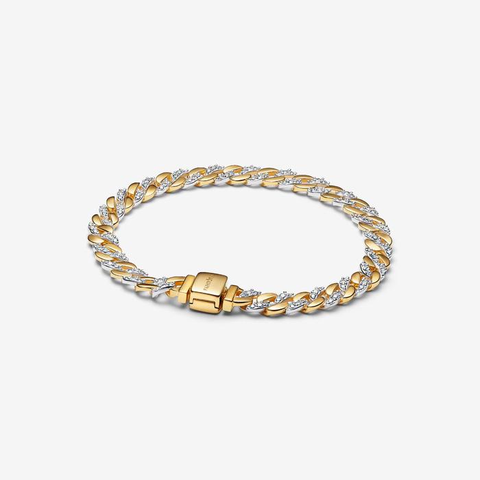 Bracciale Catena Maglia Cubana Bicolore con Pavè