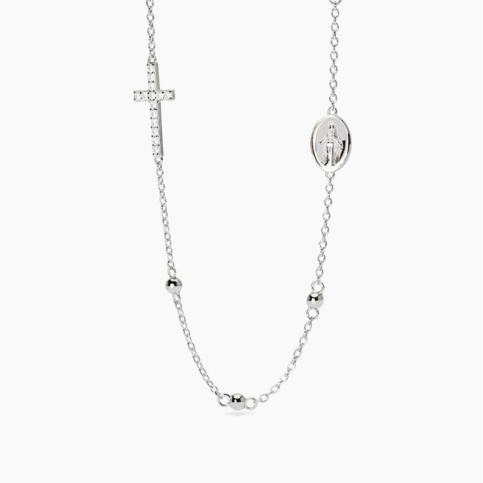 Collier en argent avec croix et chapelet de la Madone