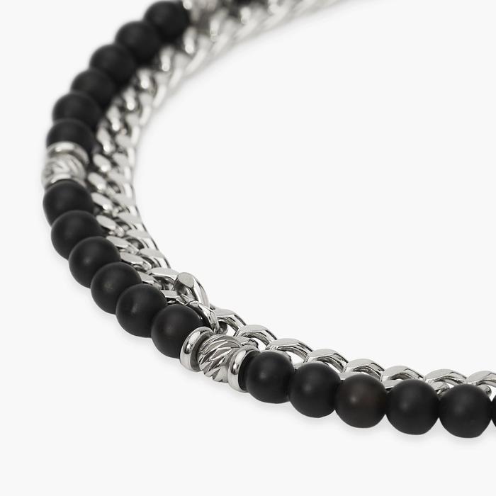 Bracciale uomo con catena groumette e catena con sfere diamantate e agata nera Style 37