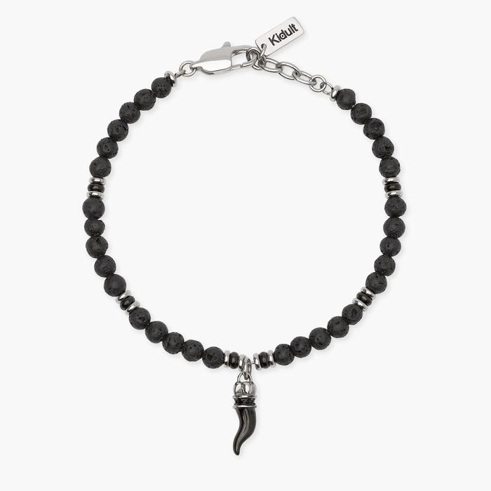 Bracciale uomo in acciaio con pietra lavica e cornetto Style 02