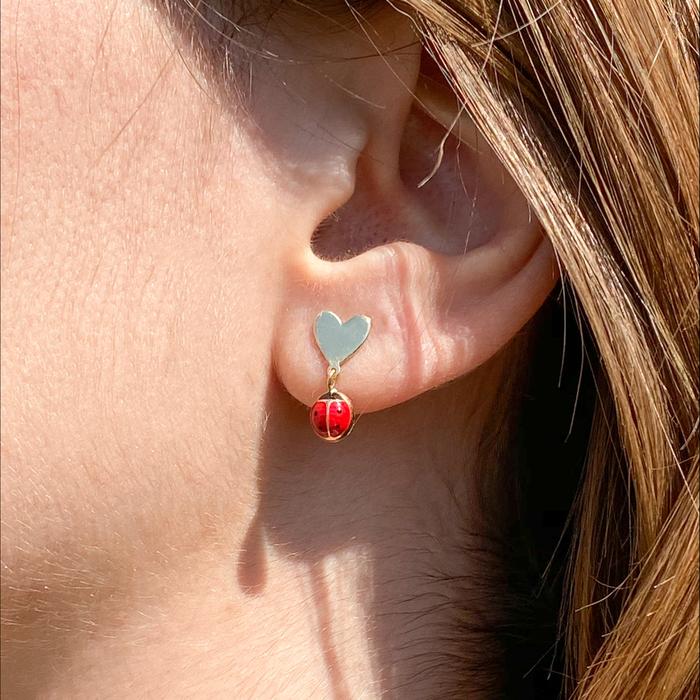 Real Gold Ladybug Heart Earrings