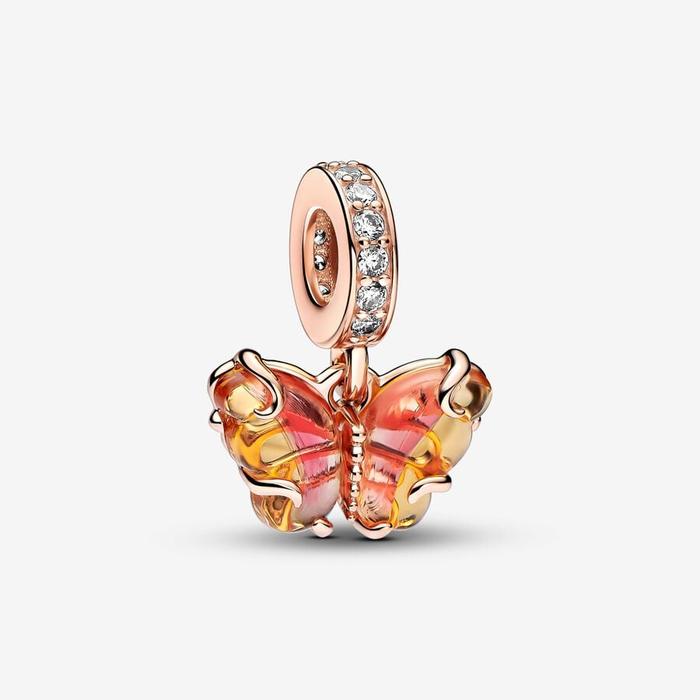 Pendentif papillon en verre de Murano orange et rose