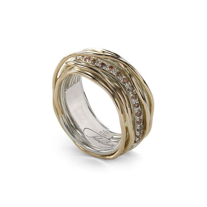 Filodellavita Classic - 13 rangs en or jaune 9 carats, argent 925 et 16 diamants noirs bruns