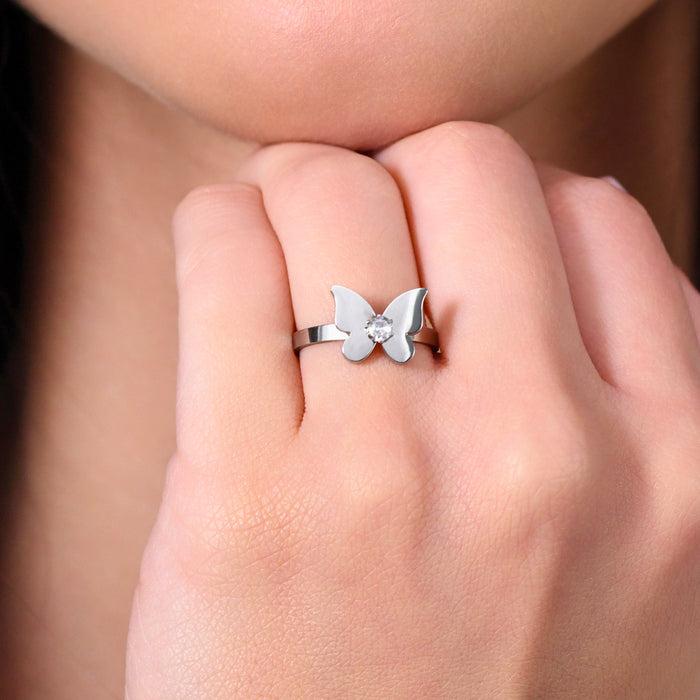 BAGUE FEMME EN ACIER AVEC PAPILLON ET ZIRCON