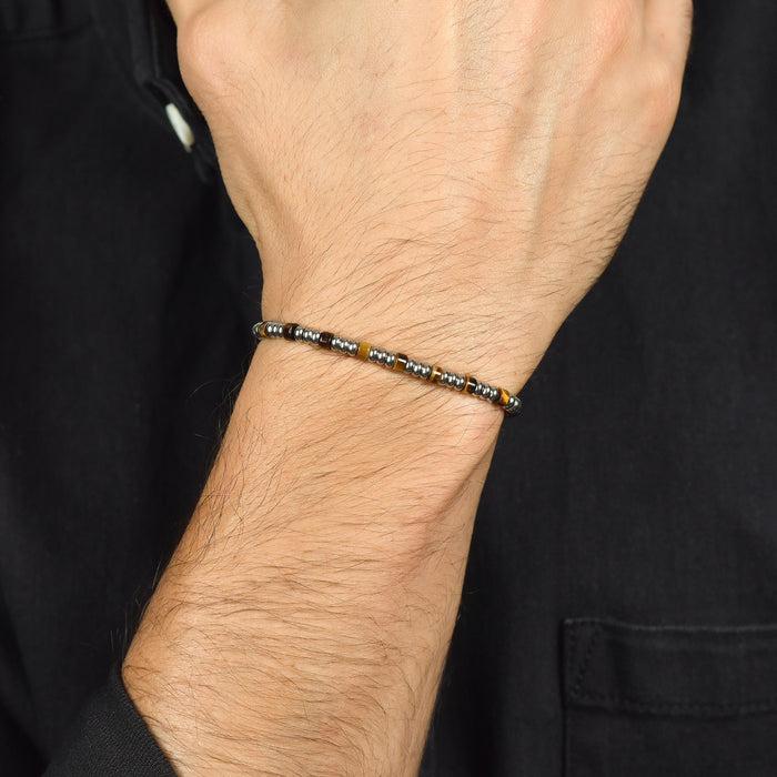 BRACELET HOMME EN ACIER AVEC ÉLÉMENTS EN ARGENT ET PIERRES ŒIL DE TIGRE