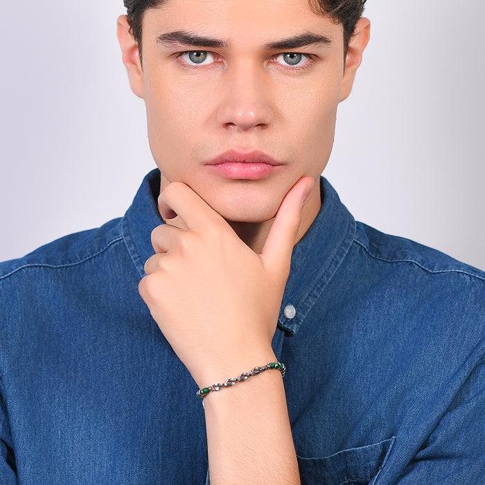 BRACELET EN ACIER POUR HOMME AVEC PIERRES VERTES ET ÉLÉMENTS EN ACIER
