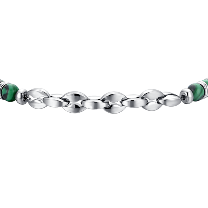 BRACELET EN ACIER POUR HOMME AVEC PIERRES VERTES ET ÉLÉMENTS EN ACIER
