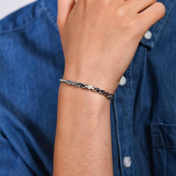 BRACELET HOMME EN ACIER ET ÉLÉMENTS EN CÉRAMIQUE NOIRE