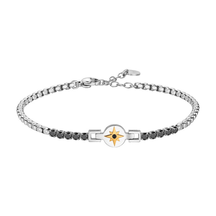 BRACCIALE TENNIS UOMO IN ACCIAIO CON ROSA DEI VENTI IP ROSE E ZIRCONI NERI