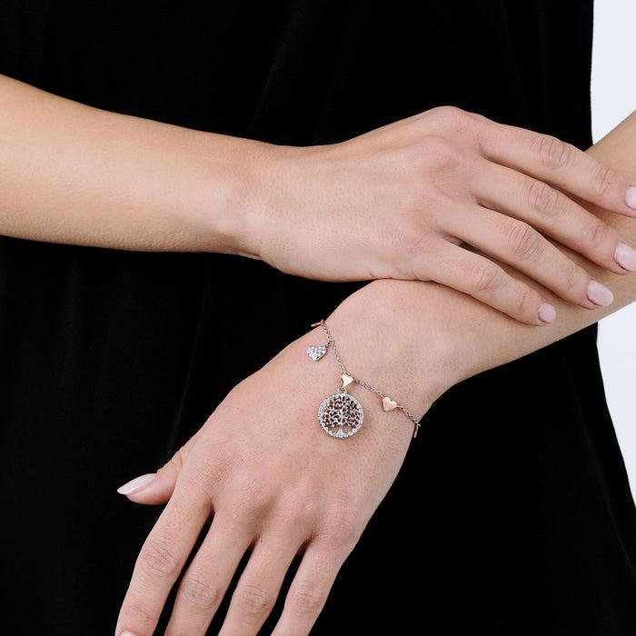 BRACELET FEMME EN ACIER ARBRE DE VIE AVEC PENDENTIF ET COEURS EN ACIER IP