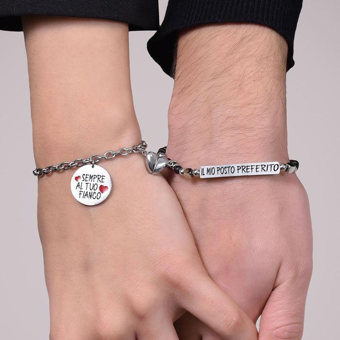 BRACELET COUPLE EN ACIER AVEC COEUR MAGNÉTIQUE