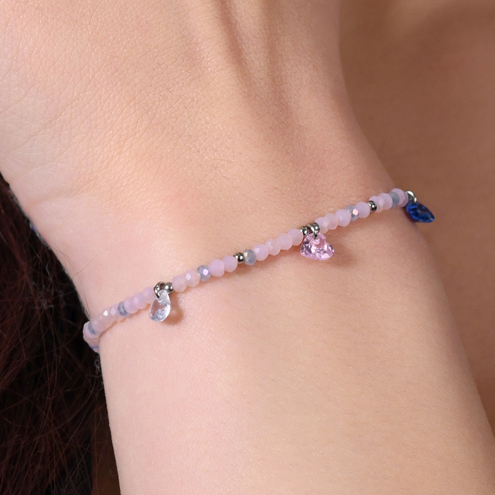 BRACELET FEMME EN ACIER AVEC PIERRES ROSES ET CRISTAUX MULTICOLORES