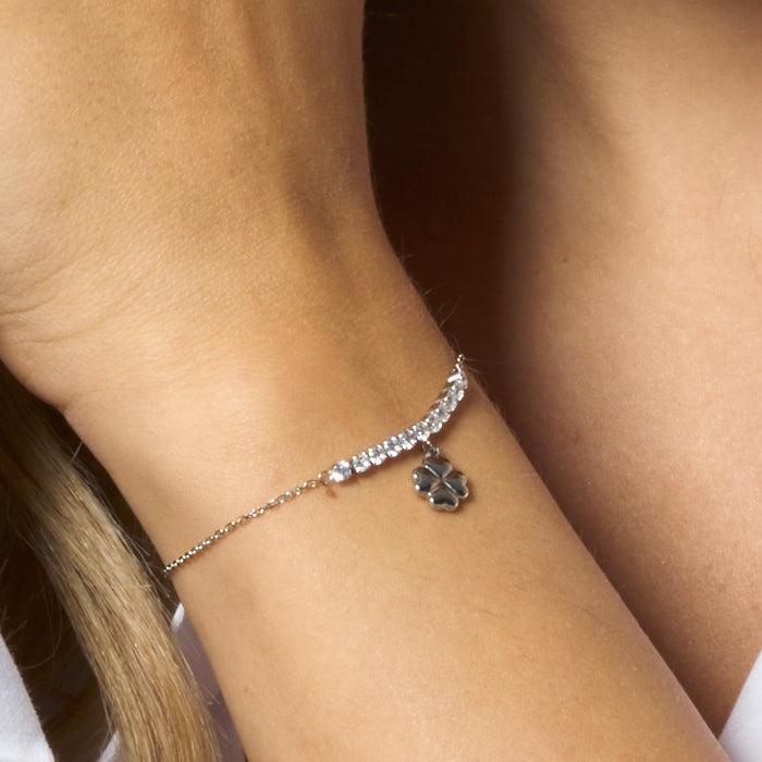 BRACCIALE DONNA IN ACCIAIO CON QUADRIFOGLIO E ZIRCONI BIANCHI