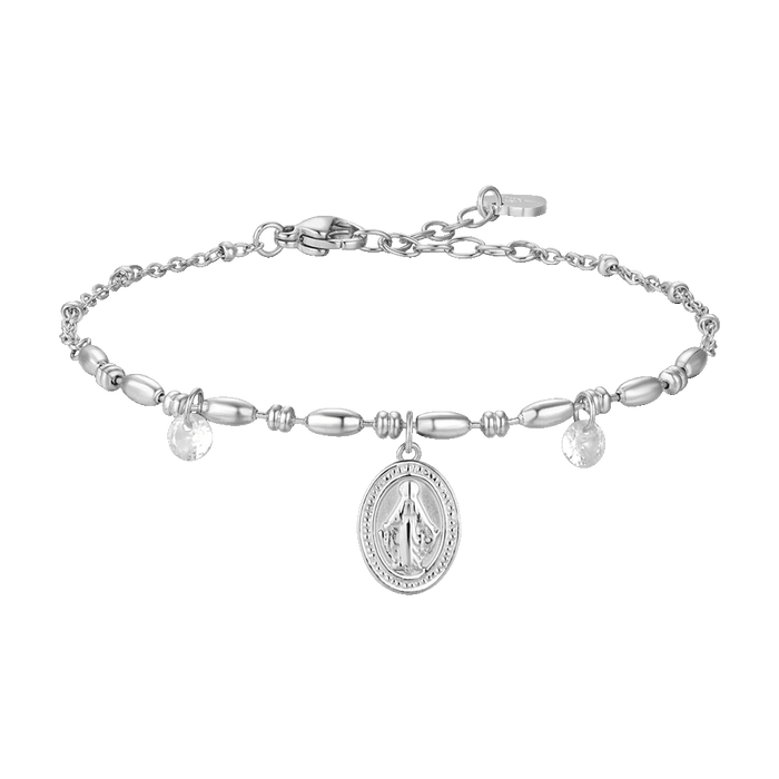 BRACCIALE DONNA IN ACCIAIO CON MADONNINA MIRACOLOSA E ZIRCONI BIANCHI