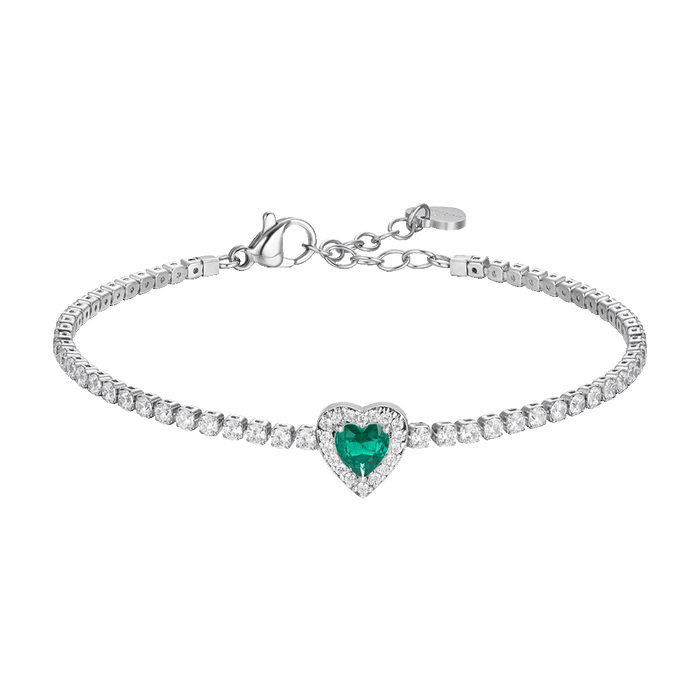 BRACCIALE TENNIS DONNA IN ACCIAIO CON CUORE CON ZIRCONI VERDI E BIANCHI