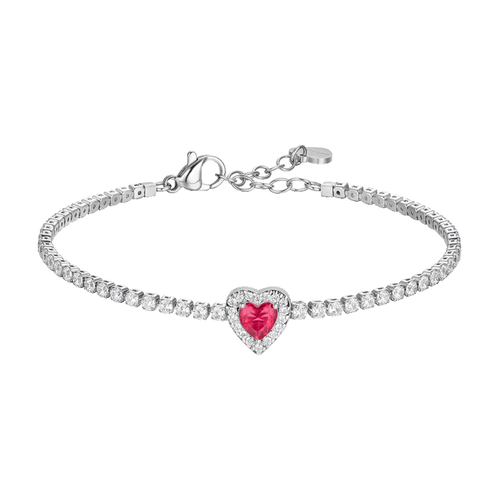 BRACCIALE TENNIS DONNA IN ACCIAIO CON CUORE CON ZIRCONI ROSSI E BIANCHI