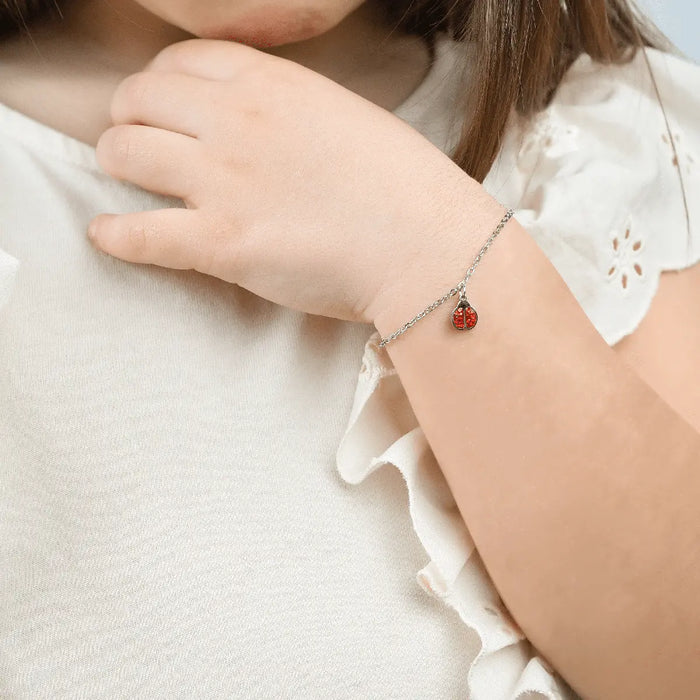 GIRL'S STEEL BRACELET WITH LADYBUG AND RED CRYSTALS