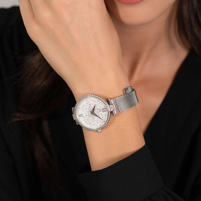 WOMEN'S STEEL WATCH WITH WHITE DIAL BEZEL WITH WHITE CRYSTALS