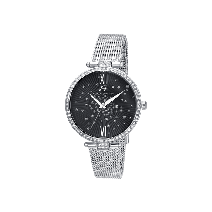 WOMEN'S STEEL WATCH BLACK DIAL BEZEL WITH WHITE CRYSTALS
