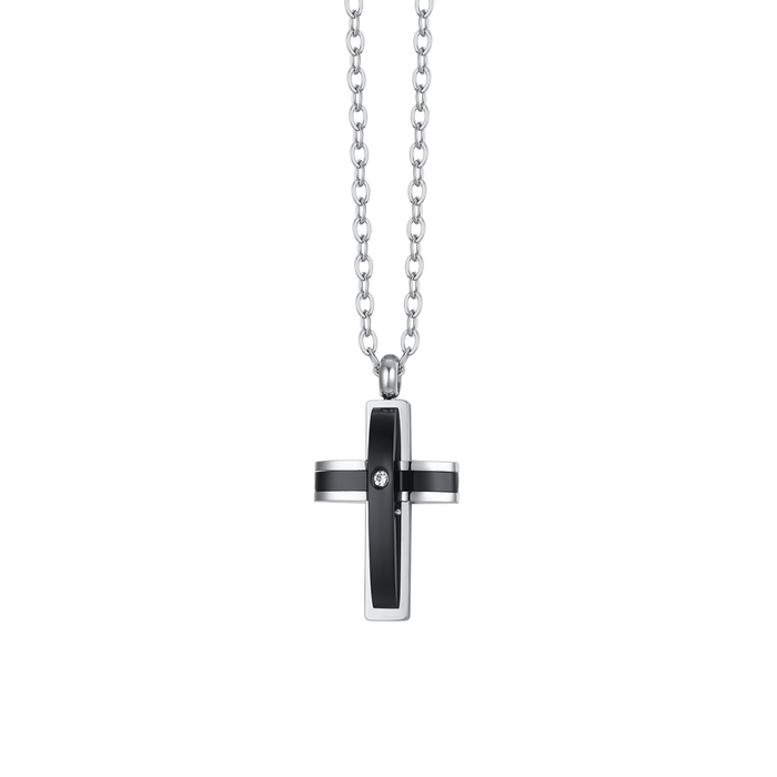 MEN'S NECKLACE IN STEEL WITH BLACK IP CROSS AND ZIRCON