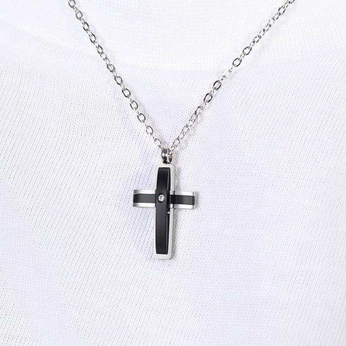 MEN'S NECKLACE IN STEEL WITH BLACK IP CROSS AND ZIRCON