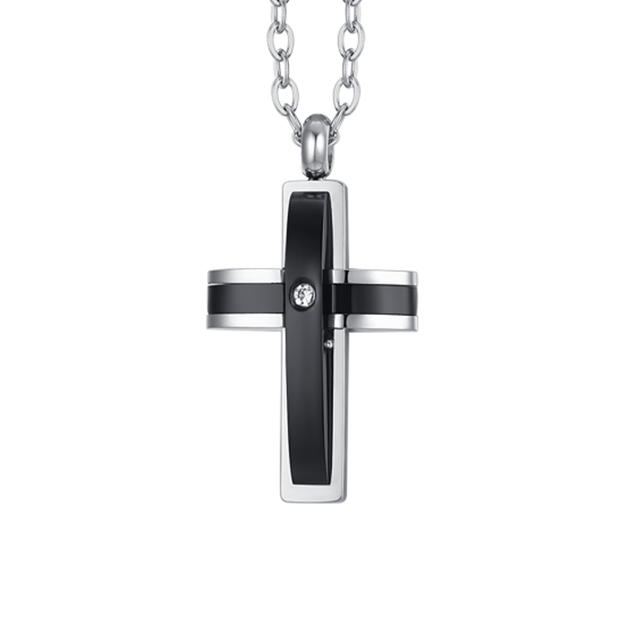 MEN'S NECKLACE IN STEEL WITH BLACK IP CROSS AND ZIRCON