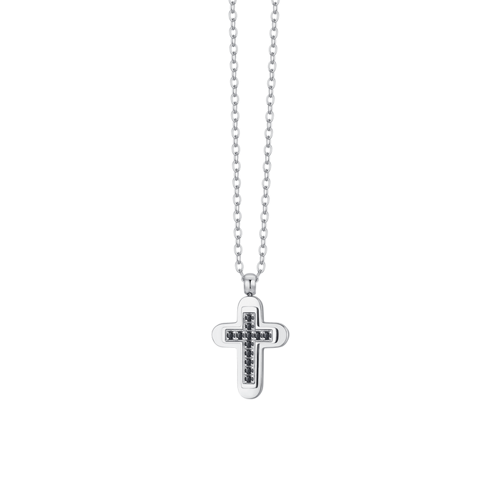 MEN'S NECKLACE IN STEEL WITH CROSS AND BLACK ZIRCONIA
