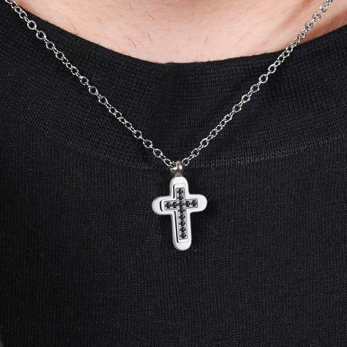 MEN'S NECKLACE IN STEEL WITH CROSS AND BLACK ZIRCONIA
