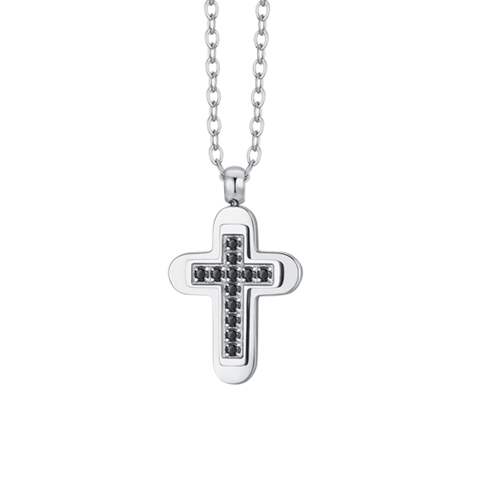 MEN'S NECKLACE IN STEEL WITH CROSS AND BLACK ZIRCONIA
