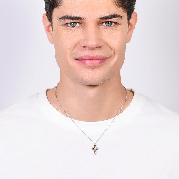 COLLIER HOMME CROIX EN ACIER ET IP ROSE